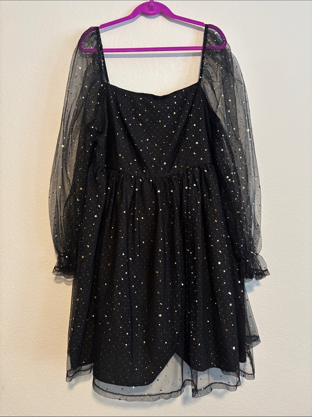 SHEIN Black Star-Print Tulle Mini Dress with Puff Sleeves